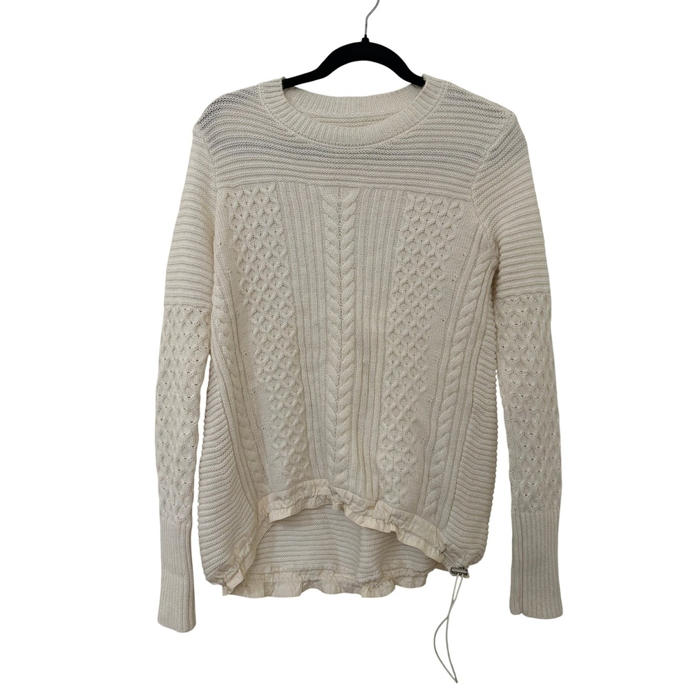 Women Ivory Cable Knit Drawstring High Low Sweater S Fisherman Preppy Coastal